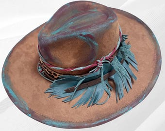 Hand Painted Western Hat, Turquoise & Red Wide Brim Brown Rancher Hat