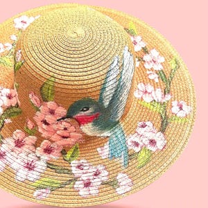 Cherry Blossoms and Hummingbird – Hand-Painted Wide Brim Straw Hat. Spring Summer Sun. Great gift for Mother's Day