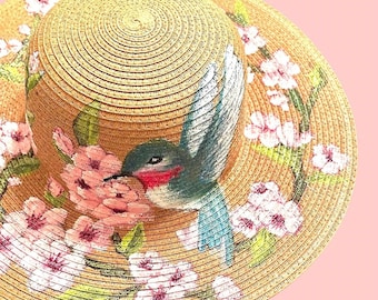 Hand-Painted Cherry Blossom Hummingbird Straw Sun Hat