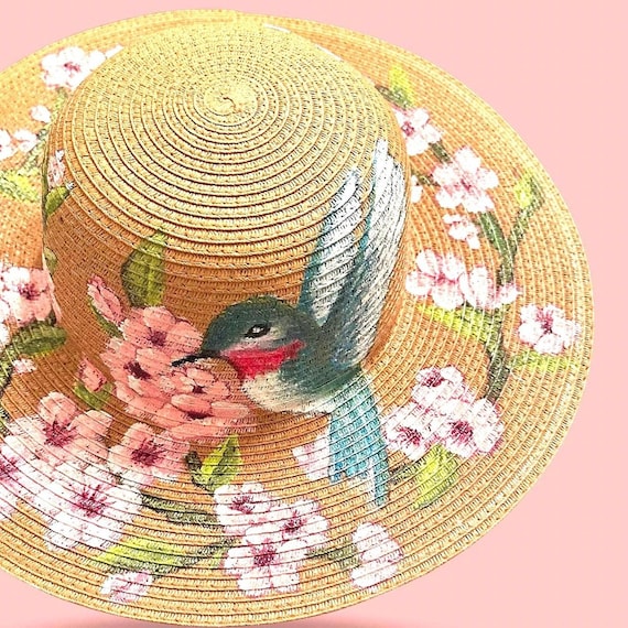 Hand Painted Hummingbird Straw Hat | Wide Brim Artisan Sun Hat Hummingbird Design Hand Painted Hat - 4 main image 4