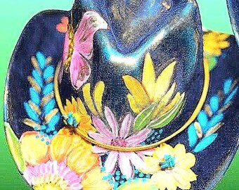 Turquoise beaded Hand-Painted Floral Cowboy Hat: Vegan Suede Western Fashion