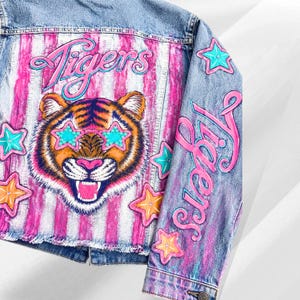 Hand Painted Custom Mascot Denim Jacket | Team Spirit Jacket | Rhinestone Personalized School Spirit | Game Day Outfit | One of a Kind