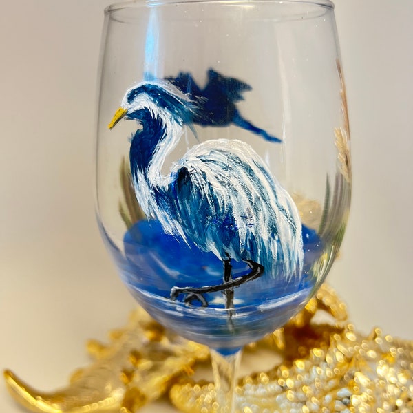 Blue Heron Hand Painted 16oz Wine Glass Coastal Feel