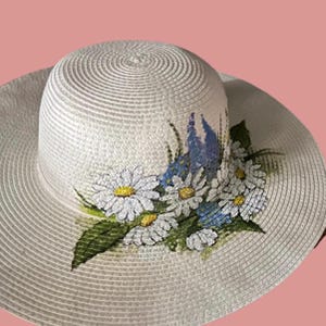 White daisy wrapped straw hat Vintage Floral Daisy Straw Boater Hat, Easter Bonnet Hat  main image 2