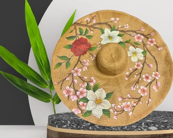 Extra Wide Brim Hand-Painted Chinioserie Cherry Blossom Crane Straw Hat: Beach Hat Mahjong inspired