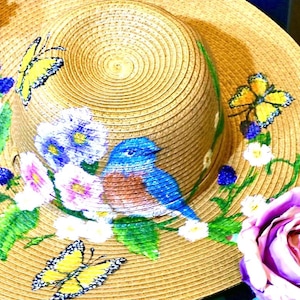 Hand Painted Blue Bird and Blackberries Wide Brim Straw Hat.  Birthday Gift Customizable Summer Festival Sun Gardening Hat.