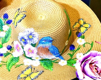 Hand-Painted Bluebird Straw Sun Hat: Blackberry Design