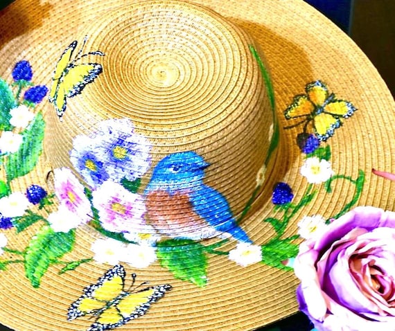 Hand-painted Bluebird Straw Sun Hat: Blackberry Design - Etsy display picture 1
