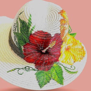 Hand Painted Hibiscus White Wide Brim Fedora Straw Hat.  Colorful tropical vibe for festivals, wedding, concert, or special gift.