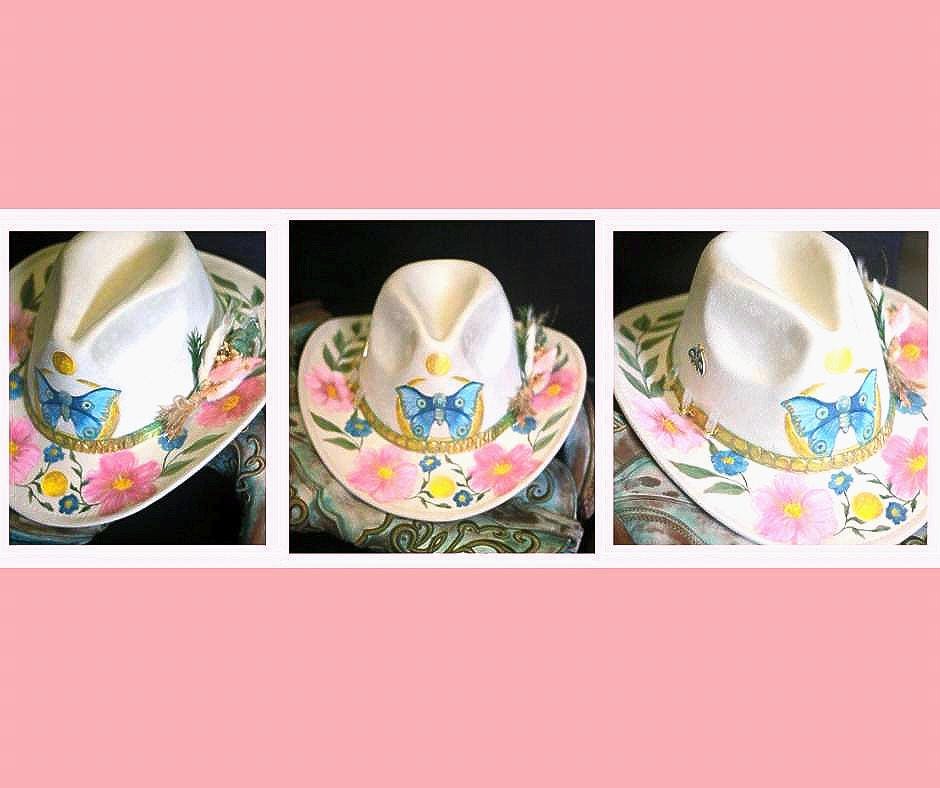 Women\'s Blue Hand-Painted Cowboy Hat with Floral & Butterfly Motif Light As A Feather Cowboy Hat - Royal Blue and Hot Pink  main image 2