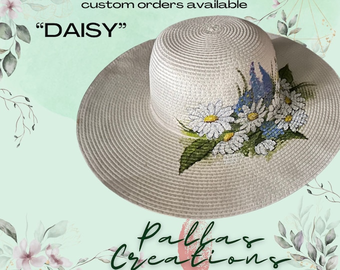 Beach straw hat.  Hand painted daisies.  Adjustable size.