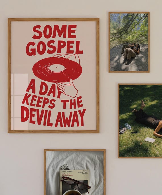 Modern Gospel Vinyl Art Print – Aesthetic Christian Wall Decor, "Some Gospel a Day Keeps the Devil Away" Poster, Retro Faith Quote Artwork