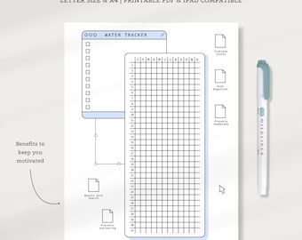 Yearly Water Tracker, 365 days New Year Water Challenge, Printable or Digital Water Intake Reminder PDF