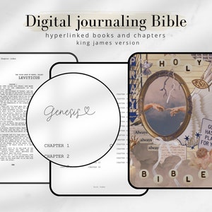 Puede incluir: Una Biblia digital para llevar un diario con un fondo de collage que presenta un espejo, nubes y las palabras "Holy", "Jesus" y "God has a plan for you". La Biblia está hipervinculada e incluye el libro de Génesis con los capítulos 1 y 2.