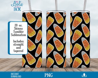 May include: A sublimation design for a 20 ounce skinny tumbler featuring a pattern of candy corn with glitter. The design includes both straight and tapered tumbler options.
