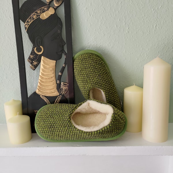 Pantoufles d'hiver en laine mérinos - chaussures d'intérieur vertes pour femmes/hommes