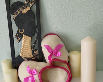 Merino-Hausschuhe mit rosa Schleife – Damen-Flip-Flops aus Wolle