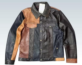 Handmade Lambskin Leather Trucker Jacket: Vintage Brown Slim Fit