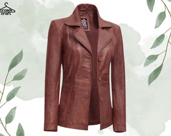 Lambskin Leather Blazer | Fitted Brown Jacket, Women's Winter Coat