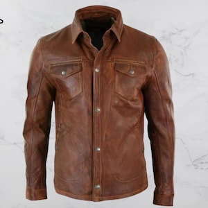 Mens Genuine Lambskin Leather Jacket – Brown Vintage Slim Fit Biker Shirt Style – Handmade Real Leather Motorcycle Coat Casual & Formal Wear