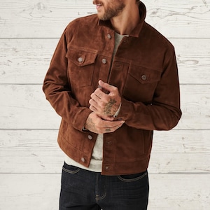 Men’s Brown Suede Leather Trucker Jacket | Western Cowboy Shirt Style Coat | Genuine Goat Leather Handmade Vintage Jacket | Gift for Him