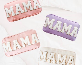 Mama Bag Chenille Varsity Letter Waterproof Nylon Cosmetic Pouch Mothers Day Gift Toiletry Travel Makeup Mama Bag Mom Nana Peach Pink Lilac