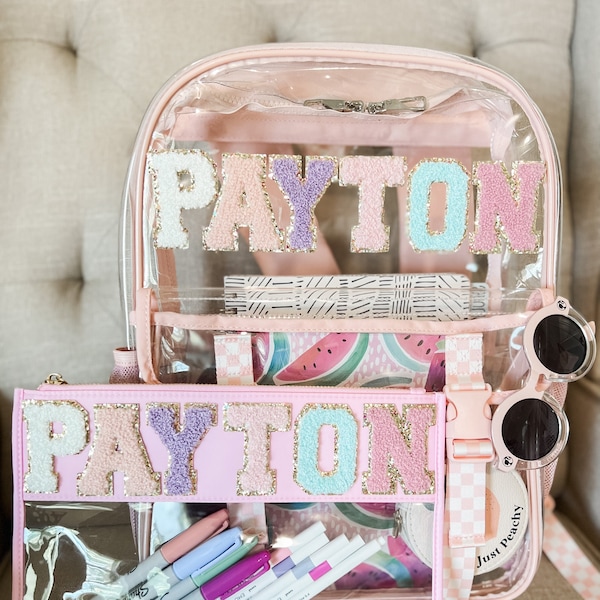 Personalized Chenille Letter Patch Backpack Book-Bag Back to School Supplies Bag Pencil Pouch Crayon Preppy Girl Backpack and Pencil Case