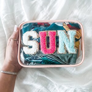 Clear Pink Letter Patch Hair SPF Face Sun Swim Bag Hair Pouch Travel Makeup Accessory Bag Toiletry Face SPF Sunscreen Pouch Carry On Ready