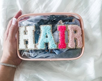 Clear Pink Letter Patch Hair SPF Face Sun Swim Bag Hair Pouch Travel Makeup Accessory Bag Toiletry Face SPF Sunscreen Pouch Carry On Ready
