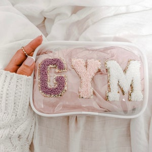 Clear White Colorful Letter Patch Gym Pouch Travel Makeup Accessory Bag Toiletry Gym Training Weekend Pouch Carry On Ready
