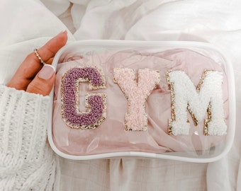 Clear White Colorful Letter Patch Gym Pouch Travel Makeup Accessory Bag Toiletry Gym Training Weekend Pouch Carry On Ready