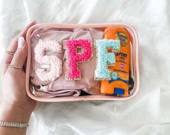 Clear Pink Letter Patch Hair SPF Face Sun Swim Bag Hair Pouch Travel Makeup Accessory Bag Toiletry Face SPF Sunscreen Pouch Carry On Ready