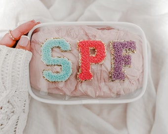 Clear White Colorful Letter Patch SPF Sun Pouch Travel Makeup Accessory Bag Toiletry SPF Sunscreen Pouch Carry On Ready