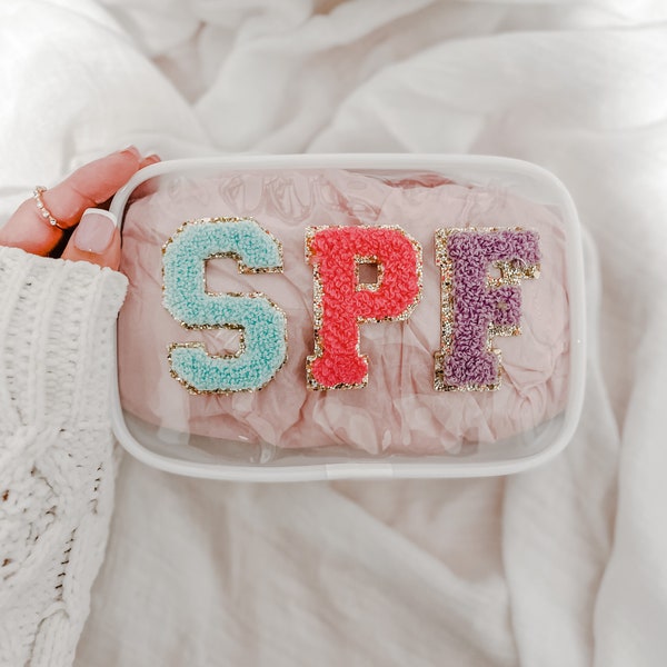 Clear White Colorful Letter Patch SPF Sun Pouch Travel Makeup Accessory Bag Toiletry SPF Sunscreen Pouch Carry On Ready