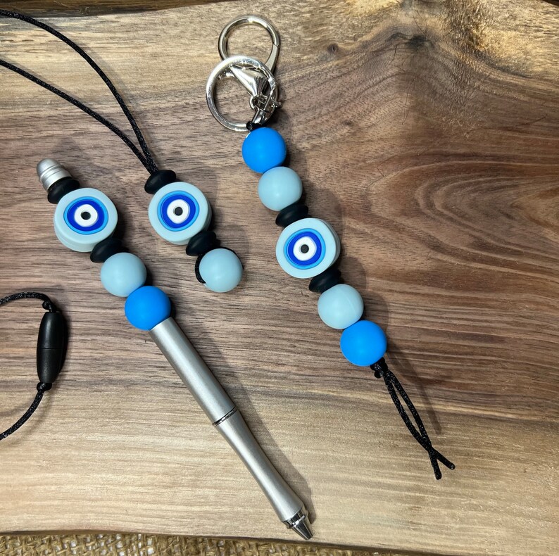 Adult Fidget Evil Eye Silicone Chewelry pendentif coffret cadeau, TDAH, autisme, Collier Fidget, Stylo perlé, Porte-clés, sensoriel, Collier gothique image 4