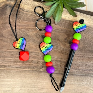 Adult Fidget Love is love heart bead Silicone Chewelry pendant gift set, adhd, autism, Fidget necklace, Beaded Pen, Keychain, sensory