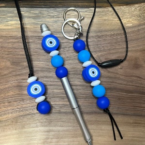 Adult Fidget Evil Eye Silicone Chewelry pendant gift set, adhd, autism, Fidget necklace, Beaded Pen, Keychain, sensory, Gothic necklace