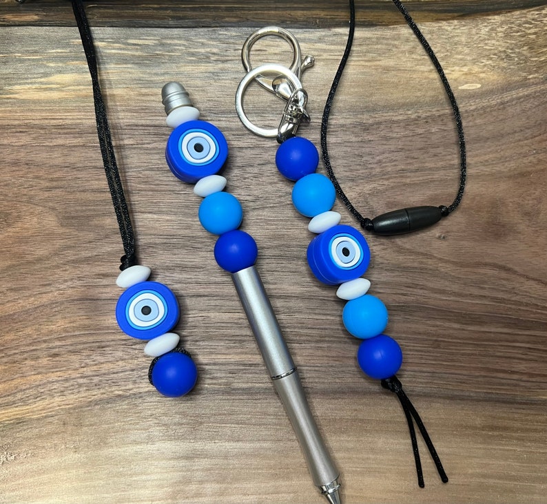 Adult Fidget Evil Eye Silicone Chewelry pendentif coffret cadeau, TDAH, autisme, Collier Fidget, Stylo perlé, Porte-clés, sensoriel, Collier gothique image 1