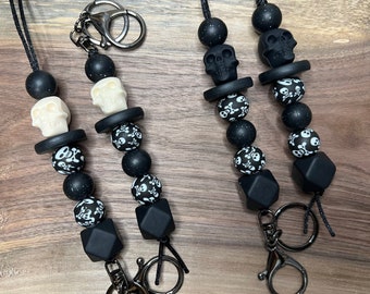 Skull Lanyard, Gothic skull Id badge, silicone bead lanyard Id badge holder, key Lanyard, badge Lanyard, skull keychain