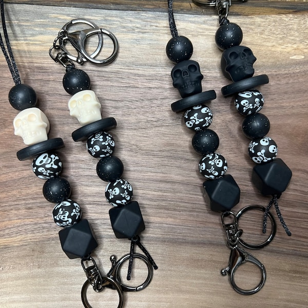 Skull Lanyard, Gothic skull Id badge, silicone bead lanyard Id badge holder, key Lanyard, badge Lanyard, skull keychain