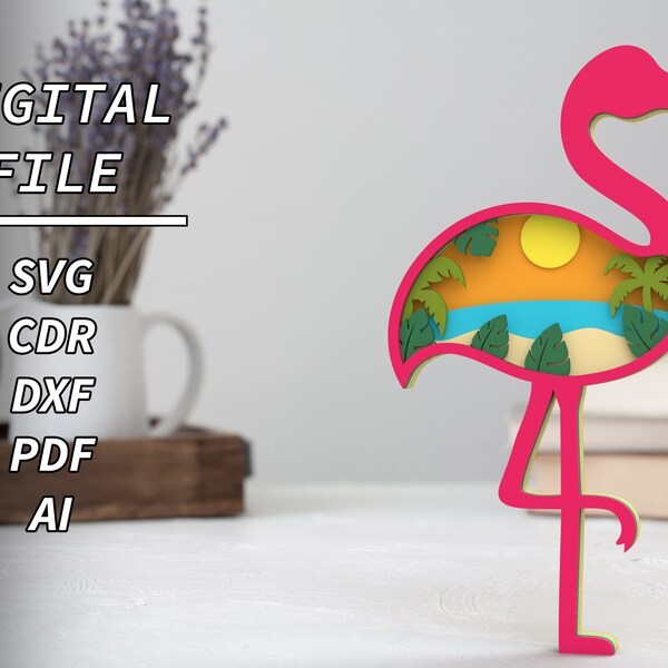 Flamingo Beach 3d Layered SVG laser cut file , Glowforge file , Multilayer 3d laser cutting file dxf , cnc for wood