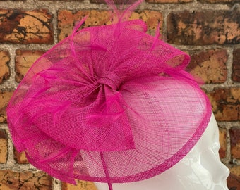 New cerise pink sinamay round large bow and feather fascinator hatinator headband