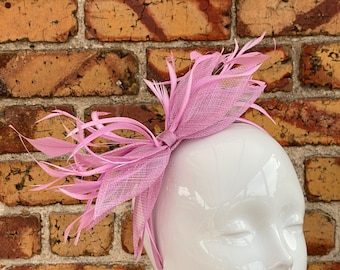 New pink petal leaf sinamay fascinator headband with feathers