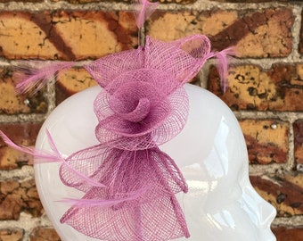 New pink sinamay flower looped bow fascinator headband with added feathers