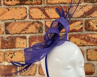 New large blue loop bow sinamay fascinator headband with feathers and quills