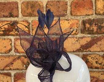 New navy blue sinamay loop and petal fascinator headband with added feathers