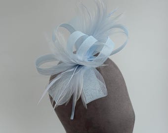 New baby blue loop bow fascinator headband with feathers