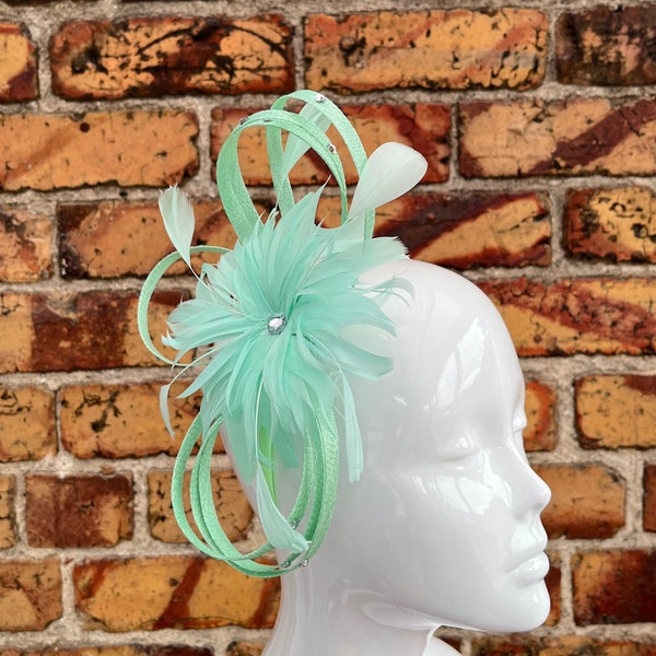 New mint green large flower fascinator with studded swirls and diamanté headband and clip