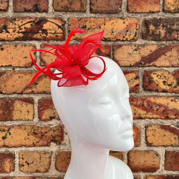 New Red small flower sinamay fascinator clip and brooch with loops and feathers