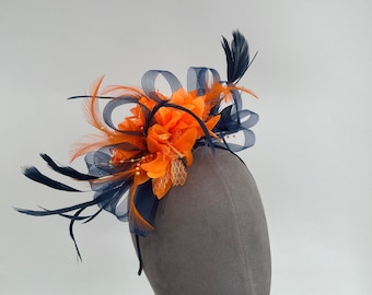 Blue and Orange flower bow fascinator headband with feathers and bead stamens